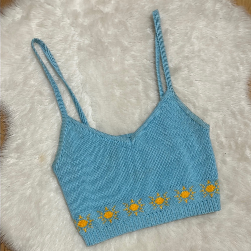 Blue Knit Crop Top with Sun Design